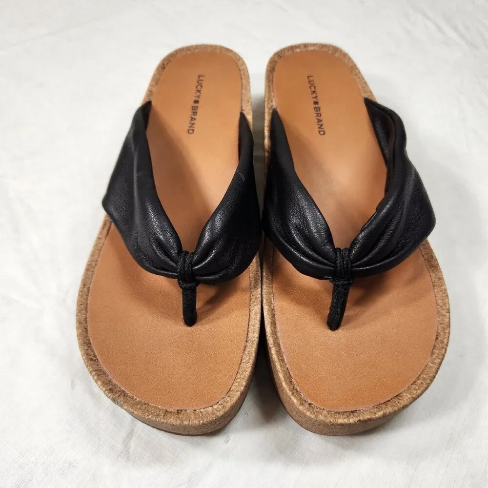 Lucky Brand Womens Size 10 Lellina Corck Platform Wedge Thong Sandal Black 902